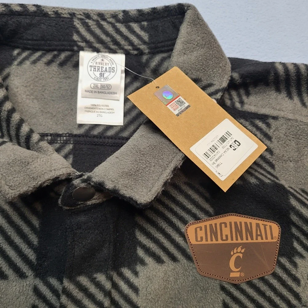 Rivalry Threads Fleece Shirt Jacket Mens 2XL Grey New Cincinnati Bearcats Plaid